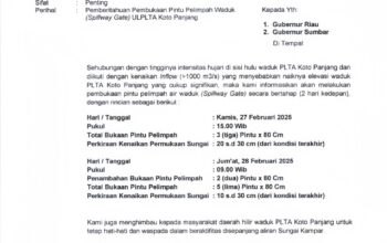 Intensitas Curah Hujan Makin Tinggi, Hari Ini dan Besok PLTA Koto Panjang Buka Pintu Air