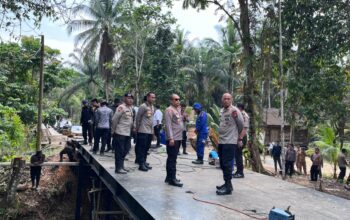 Dansat Brimob dan Karo Ops Polda Riau Tinjau Langsung Pembangunan Jembatan di Desa Lubuk Agung